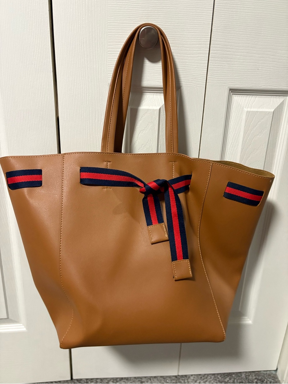 Tan Women’s Tote Bag with Navy & Red Ribbon Accent
